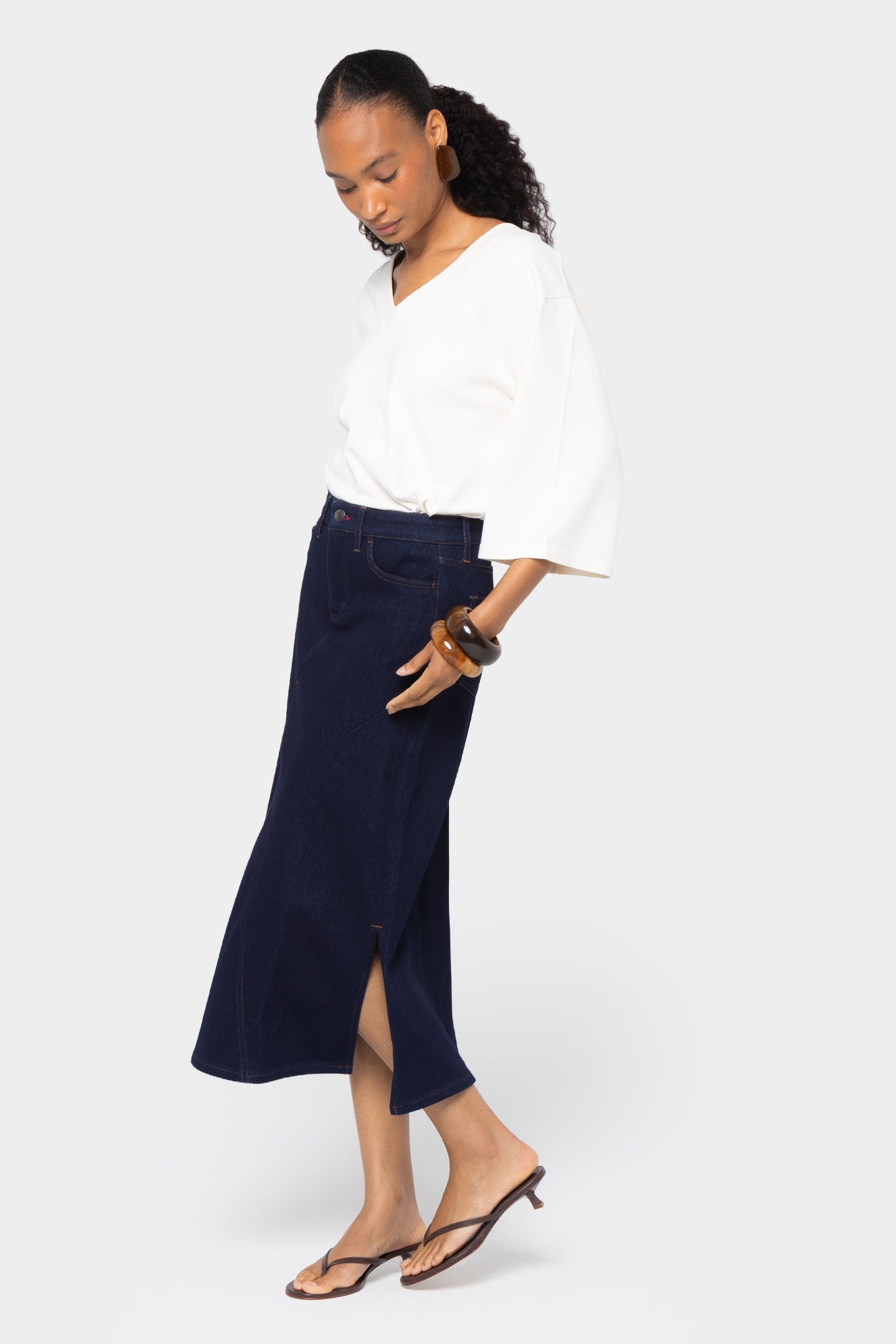 Midi Length Denim Skirt with Side Slit