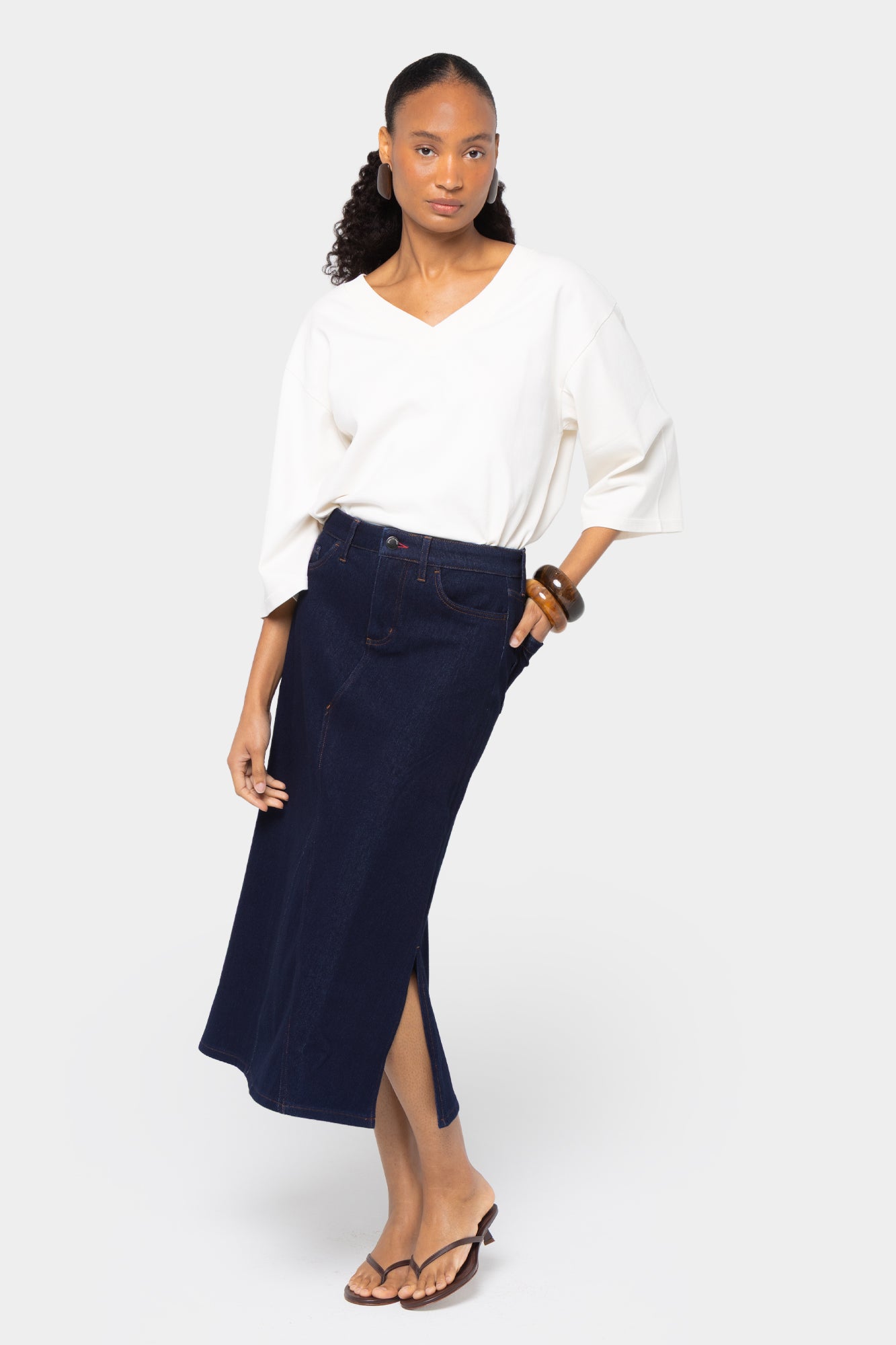 Midi Length Denim Skirt with Side Slit