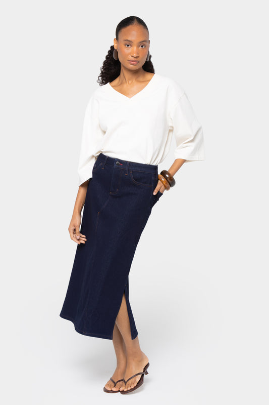 Midi Length Denim Skirt with Side Slit