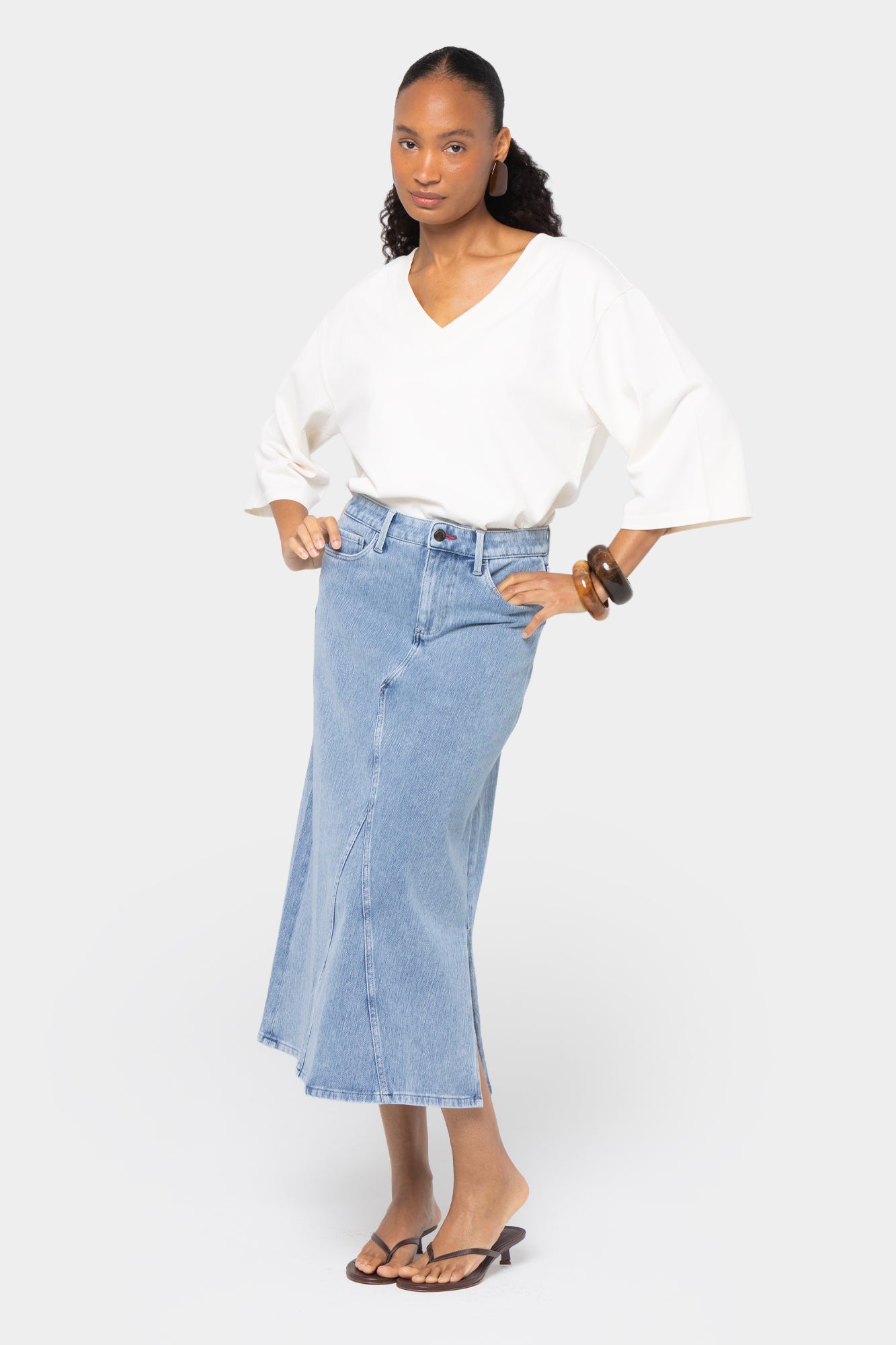 Midi Length Denim Skirt with Side Slit
