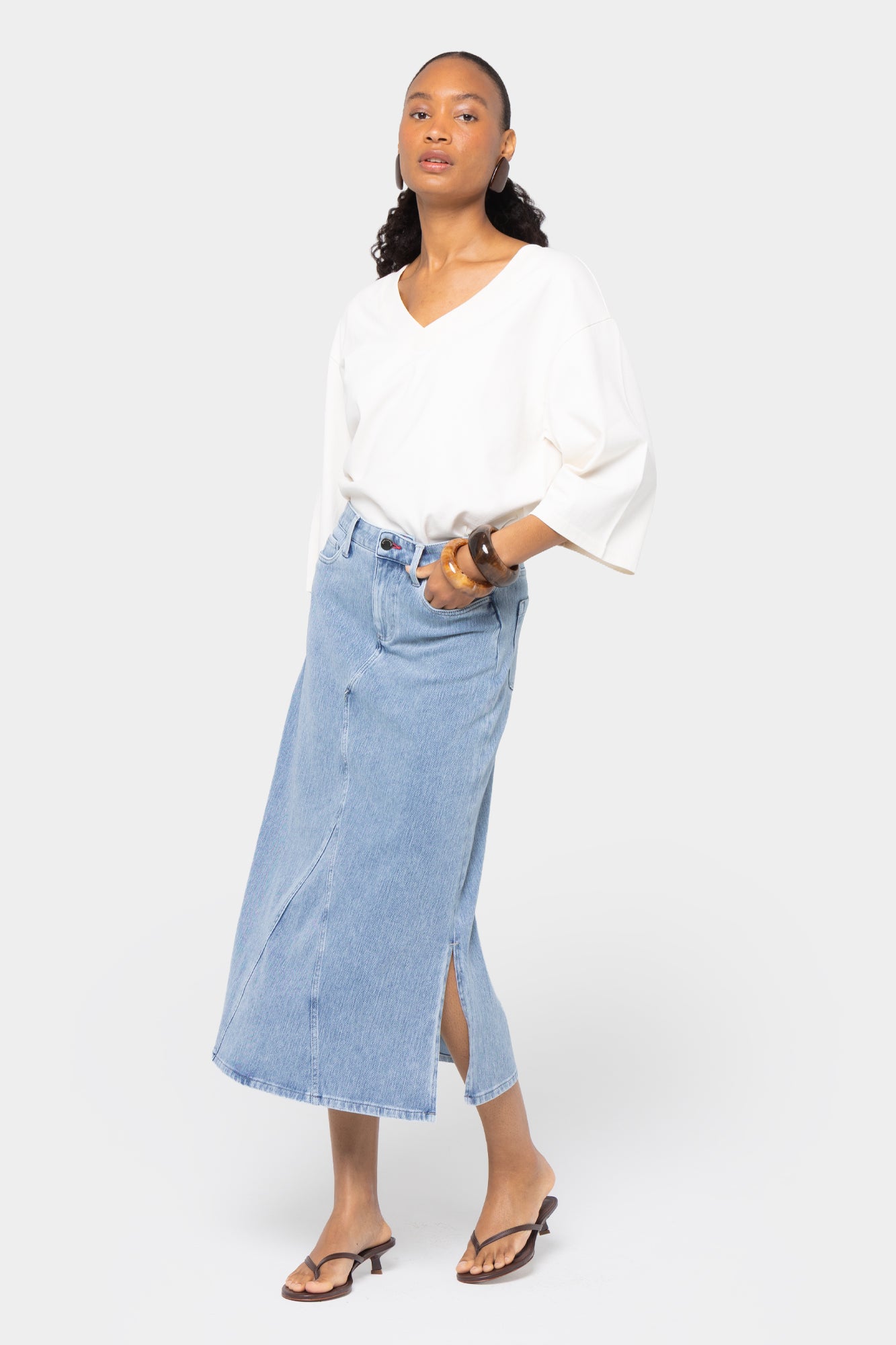 Midi Length Denim Skirt with Side Slit