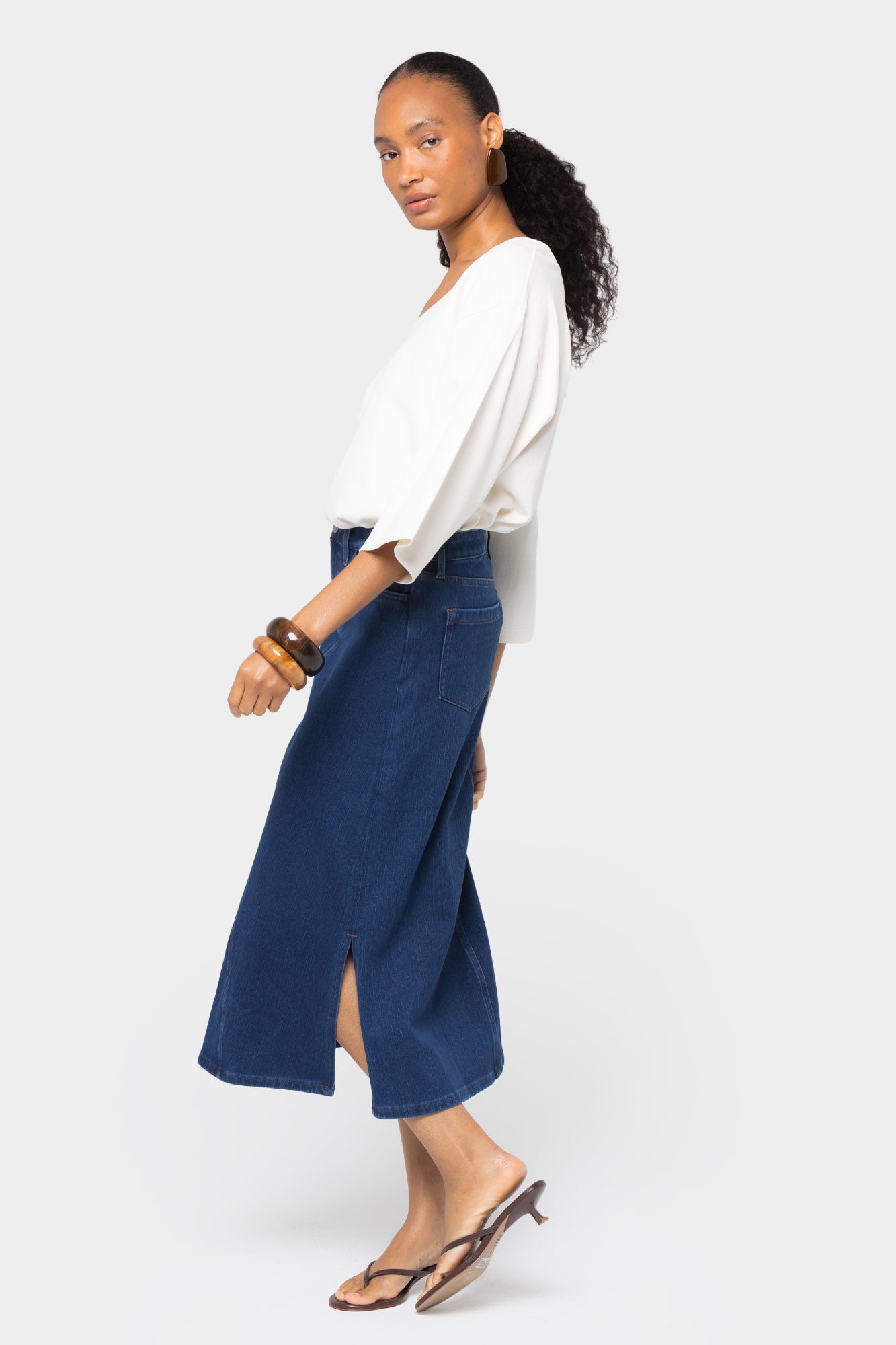 Midi Length Denim Skirt with Side Slit
