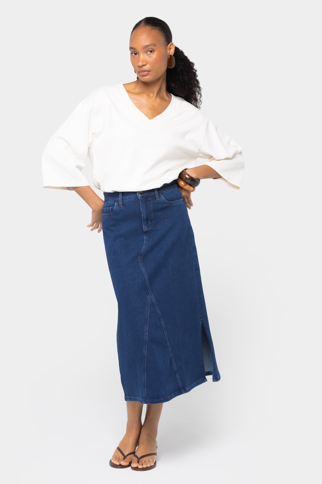 Midi Length Denim Skirt with Side Slit