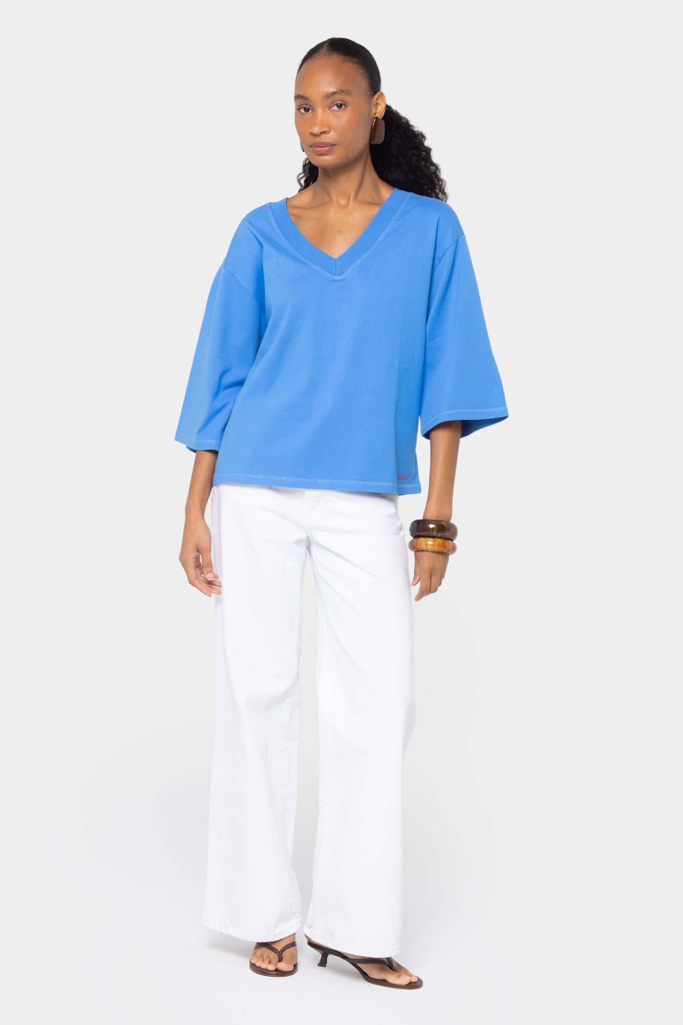 Elbow Sleeve V-Neck Side Pleat Tee