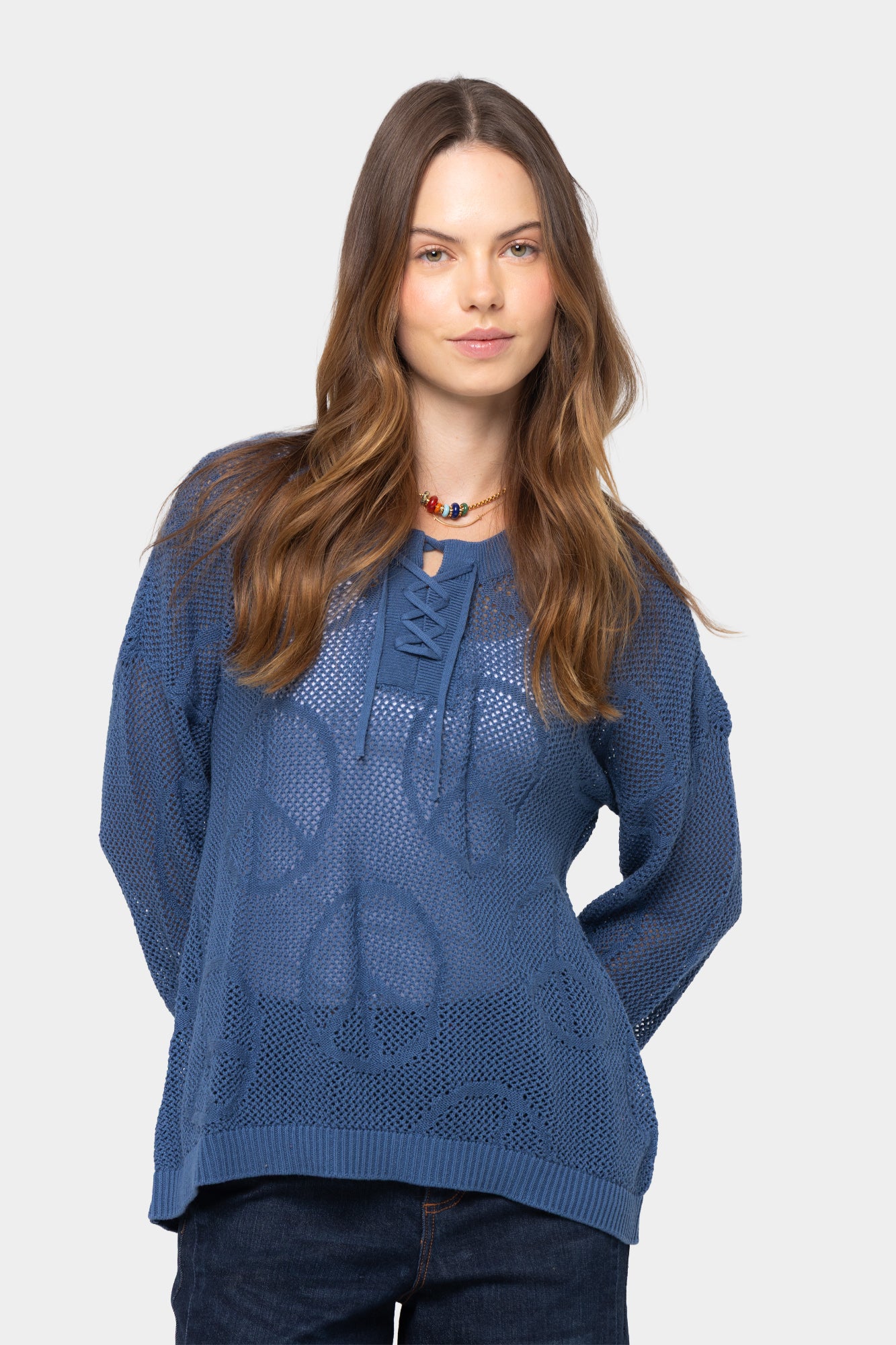Mixed Motif Lace Up Cotton Sweater