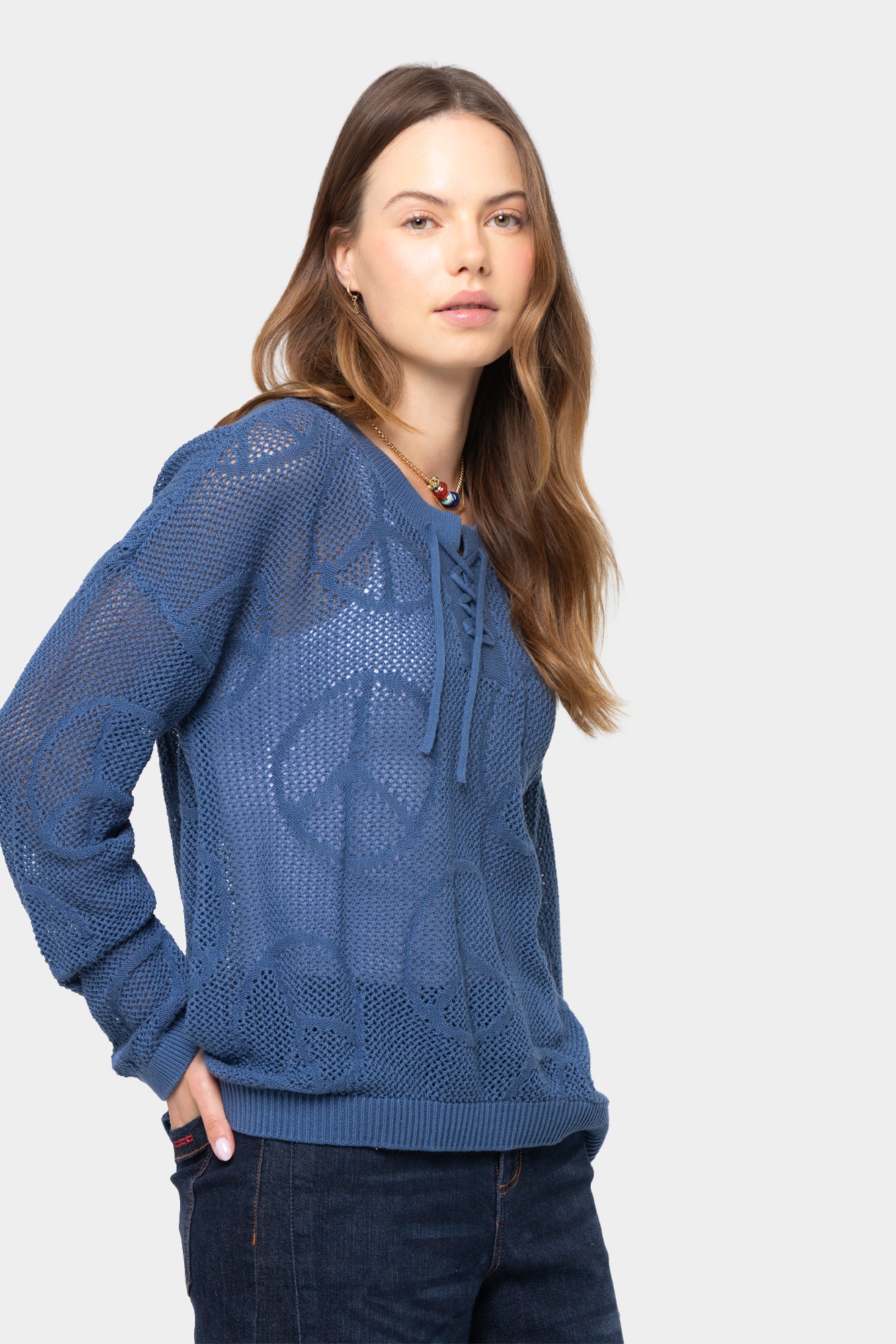 Mixed Motif Lace Up Cotton Sweater