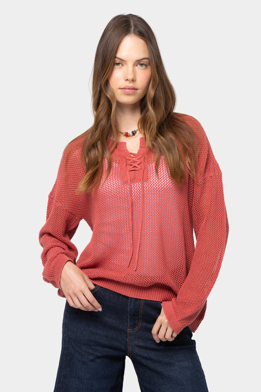 Mixed Motif Lace Up Cotton Sweater