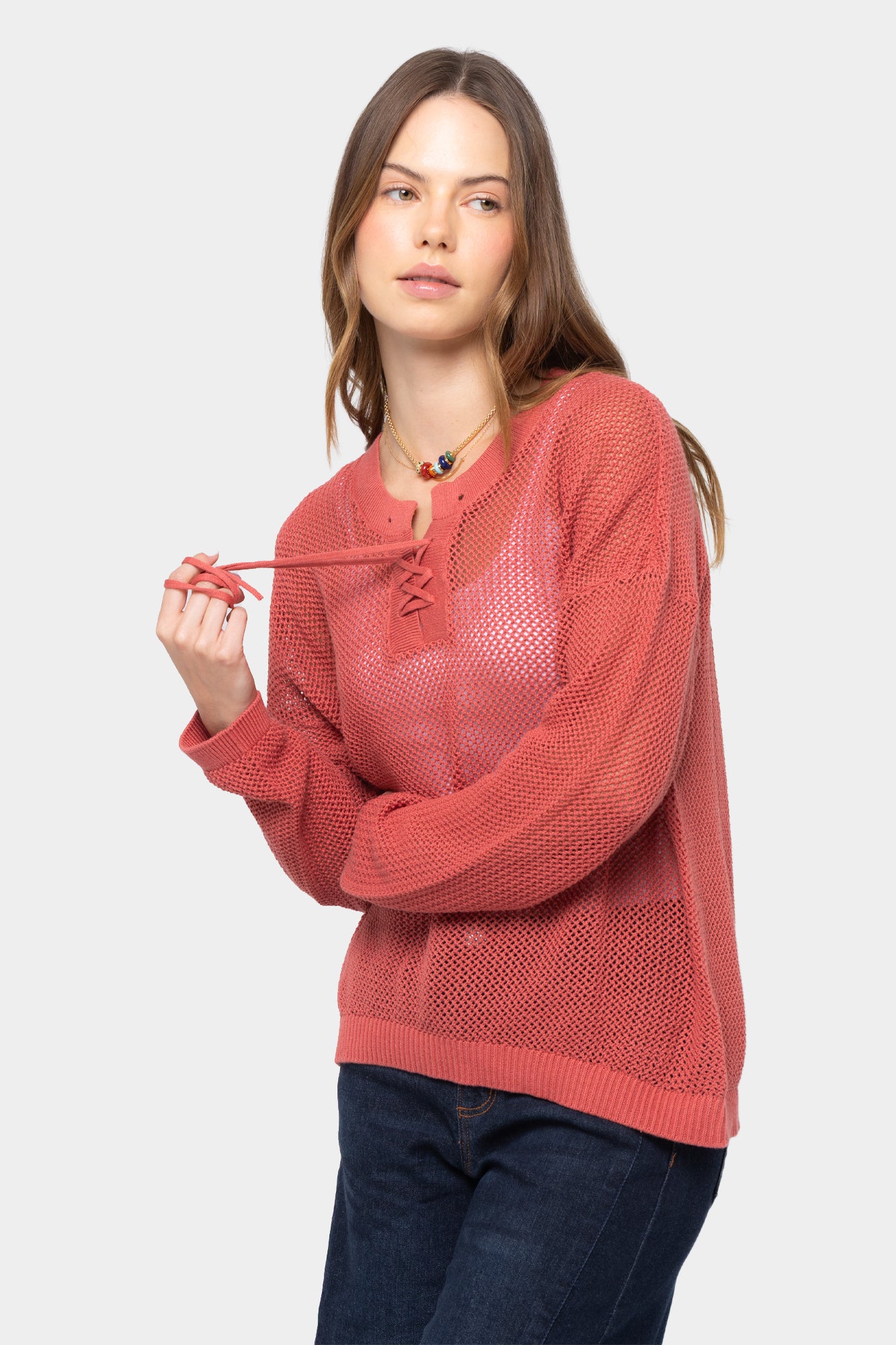 Mixed Motif Lace Up Cotton Sweater