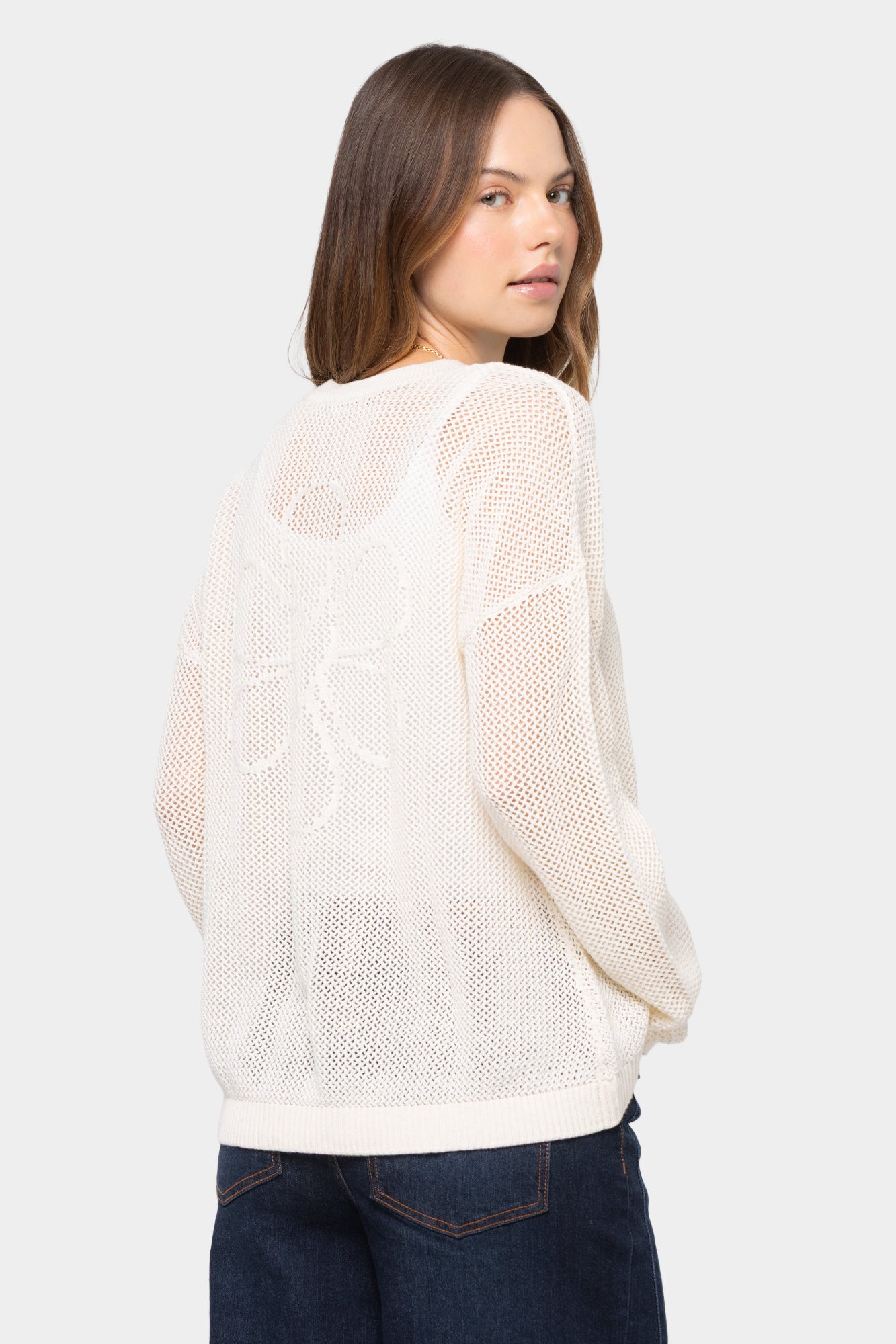 Mixed Motif Lace Up Cotton Sweater