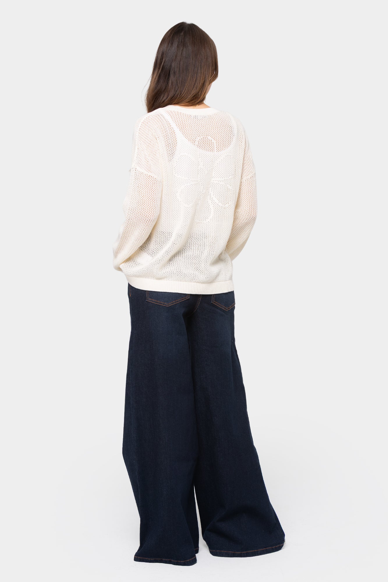 Mixed Motif Lace Up Cotton Sweater