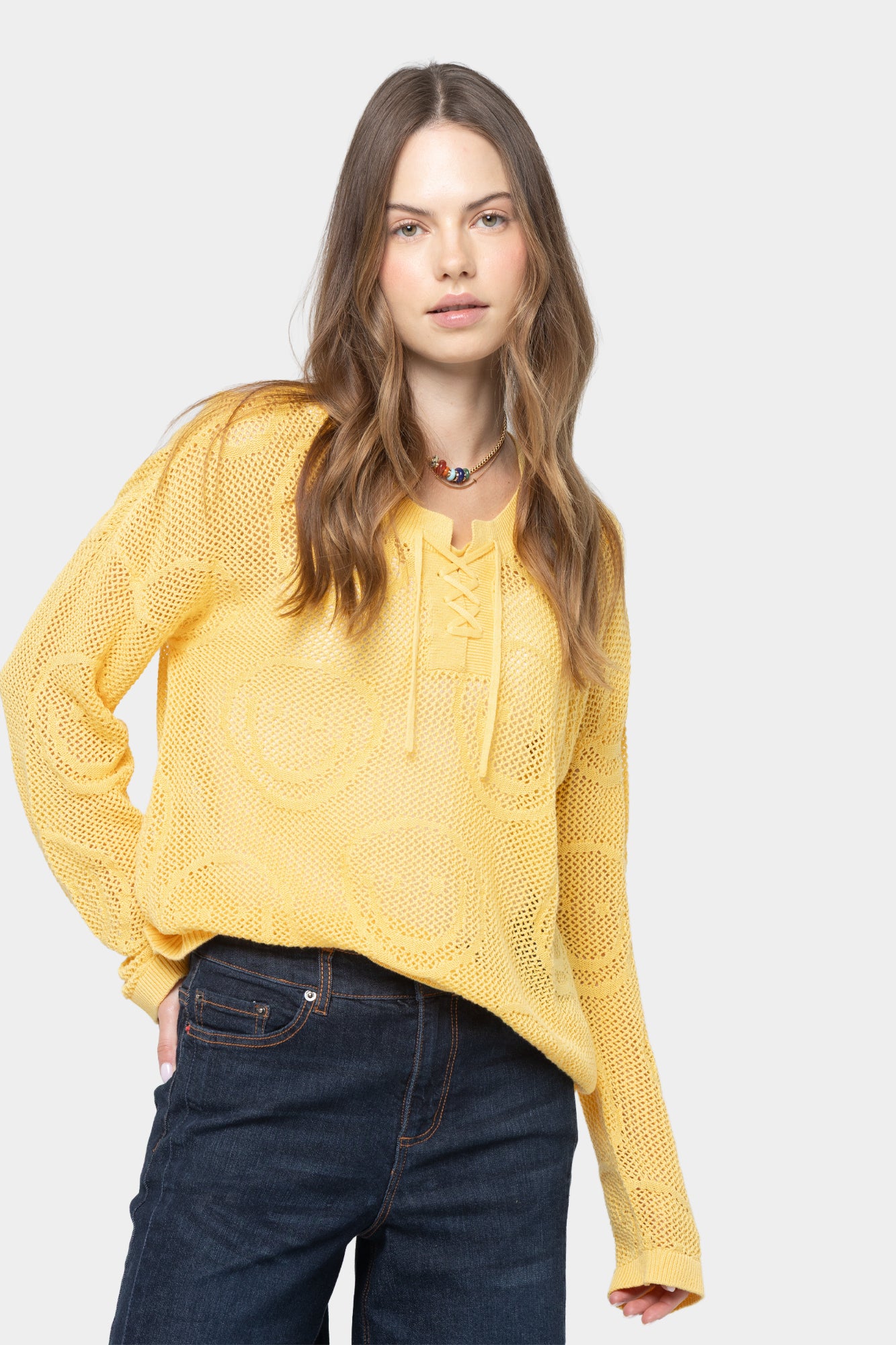 Mixed Motif Lace Up Cotton Sweater