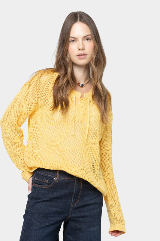 Mixed Motif Lace Up Cotton Sweater