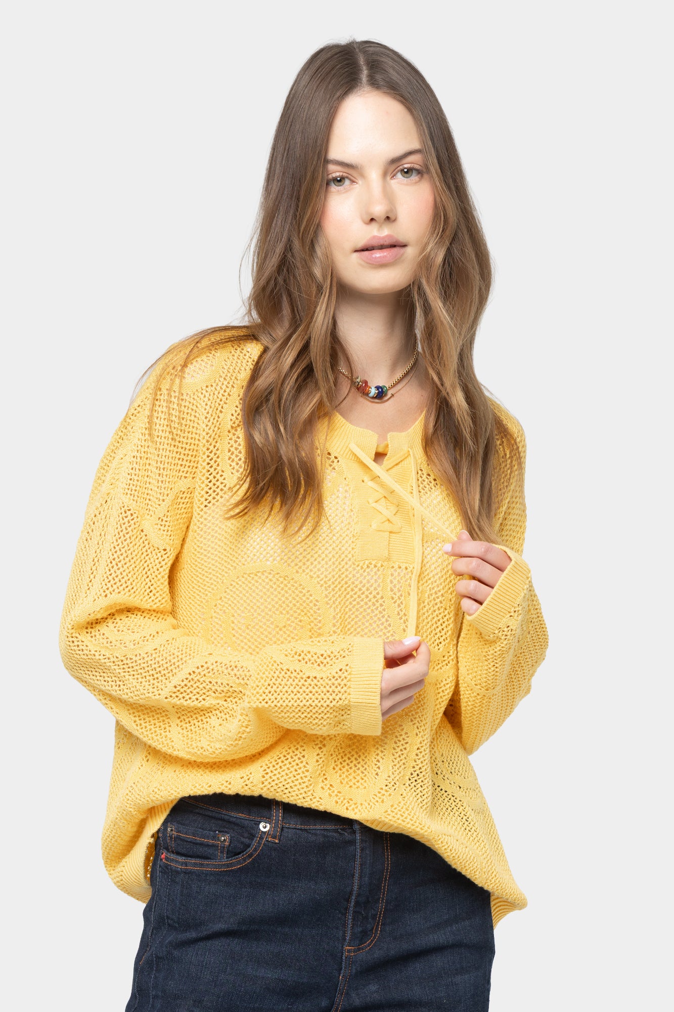 Mixed Motif Lace Up Cotton Sweater