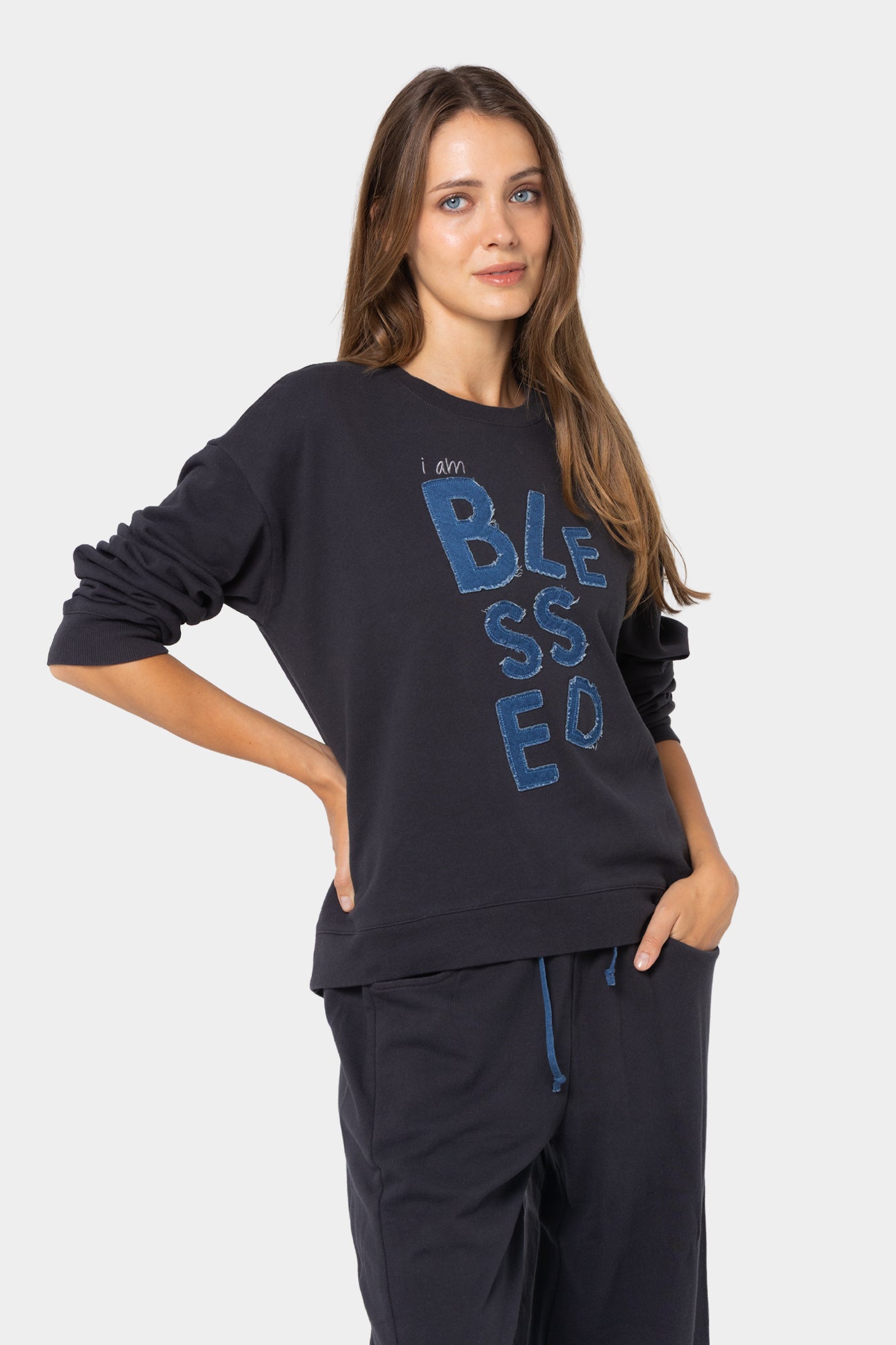 French Terry Crewneck Sweatshirt with Denim Applique