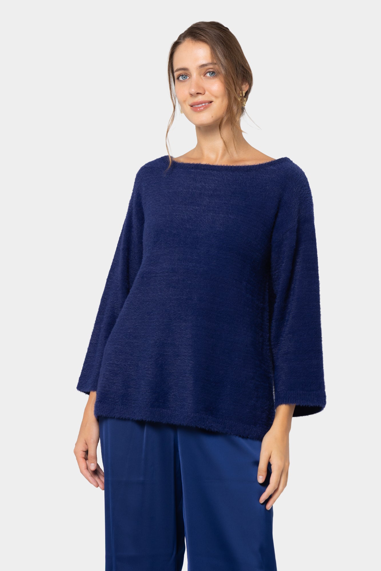 Fuzzy Boatneck Elbow Sleeve Sweater