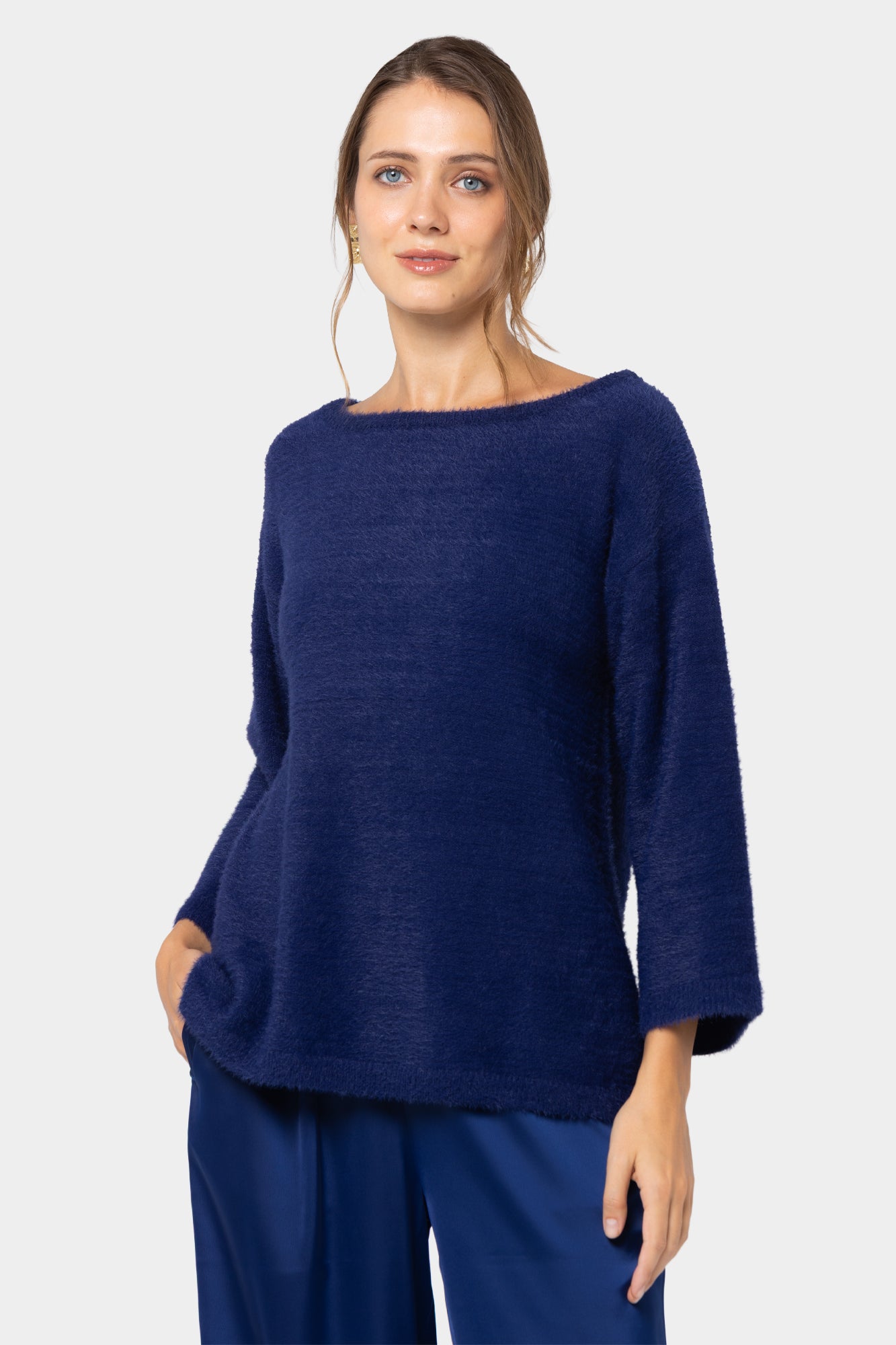 Fuzzy Boatneck Elbow Sleeve Sweater