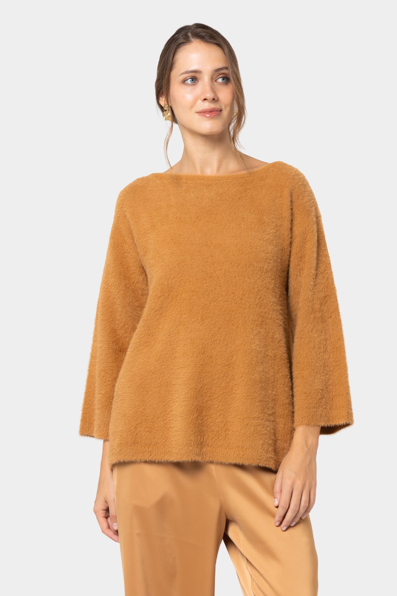 Fuzzy Boatneck Elbow Sleeve Sweater