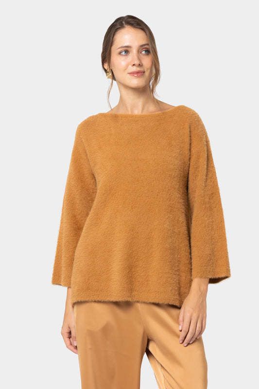 Fuzzy Boatneck Elbow Sleeve Sweater