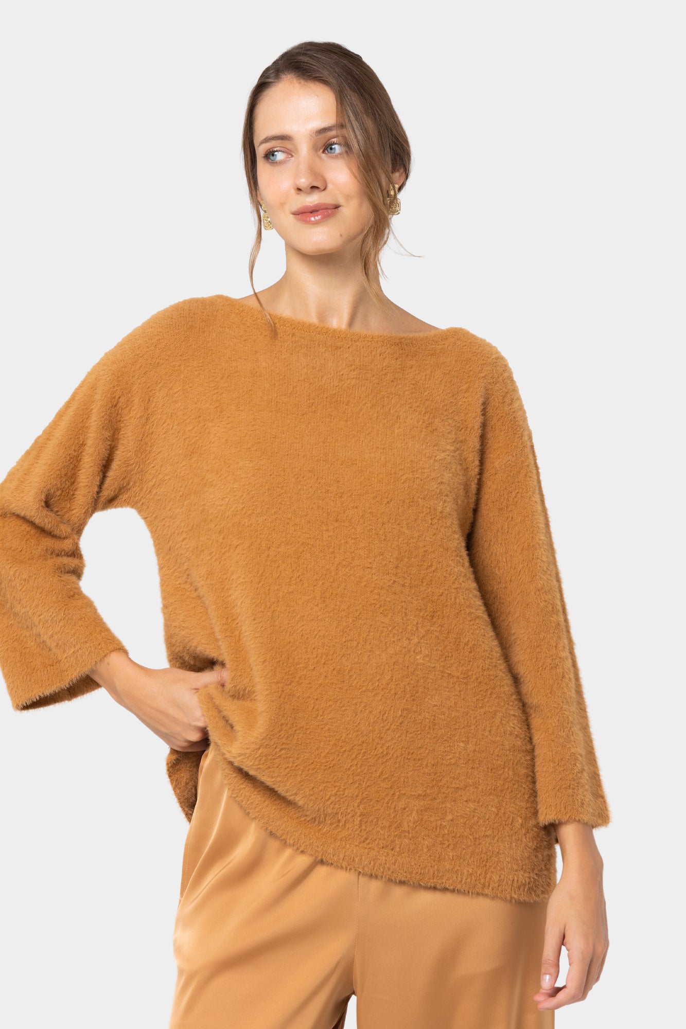 Fuzzy Boatneck Elbow Sleeve Sweater