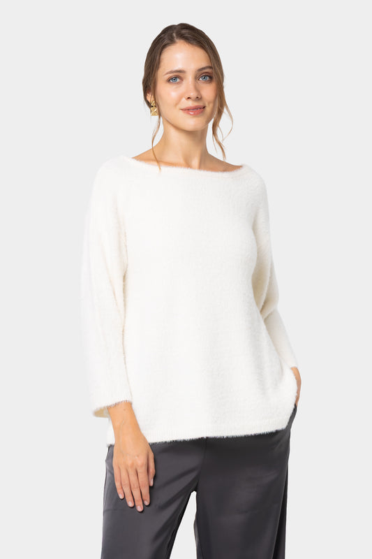 Fuzzy Boatneck Elbow Sleeve Sweater