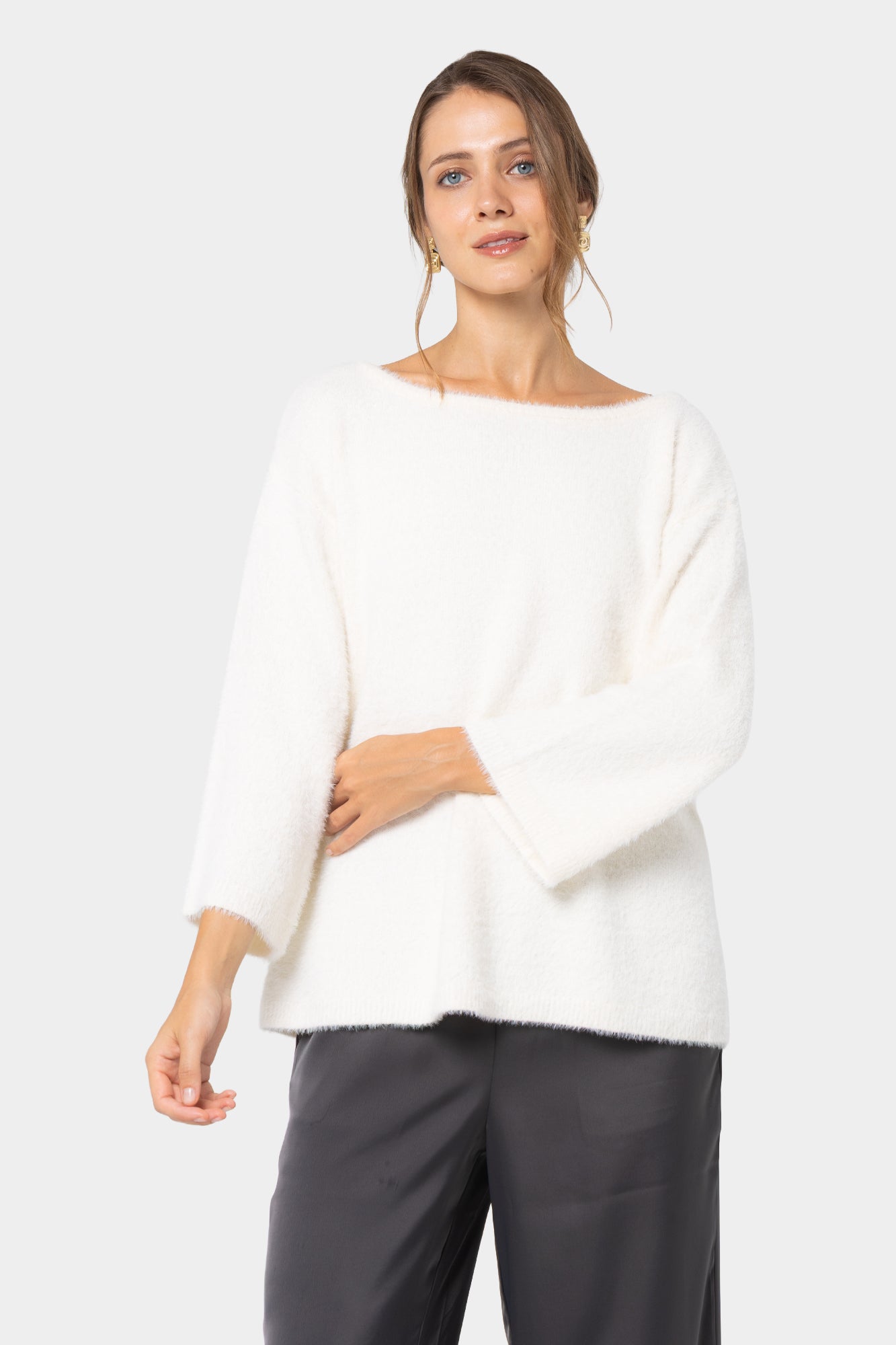 Fuzzy Boatneck Elbow Sleeve Sweater