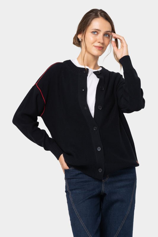 Relaxed Cotton Cardigan with Contrast Stich