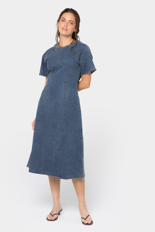 Midi Length Raglan Sleeve Denim Dress