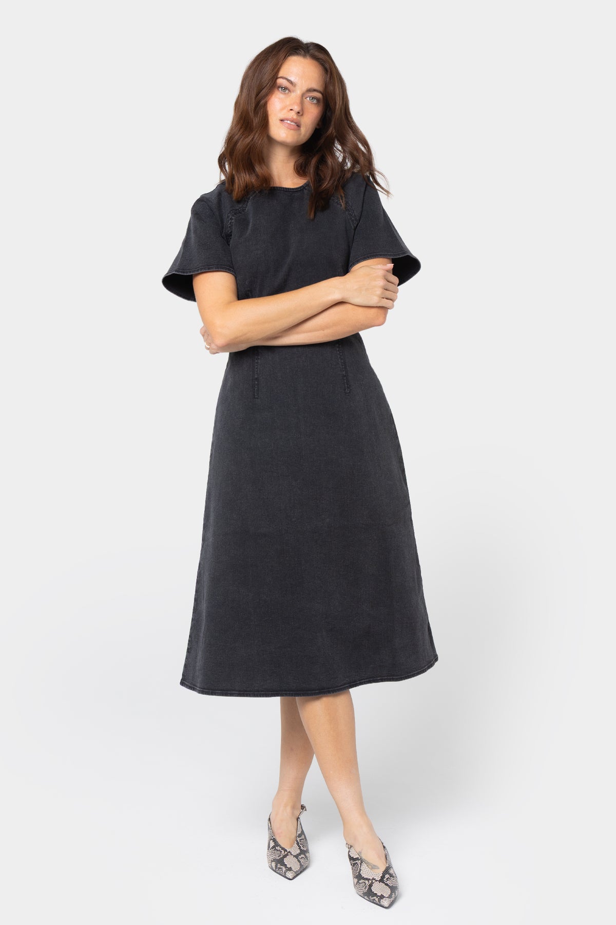 Midi Length Raglan Sleeve Denim Dress