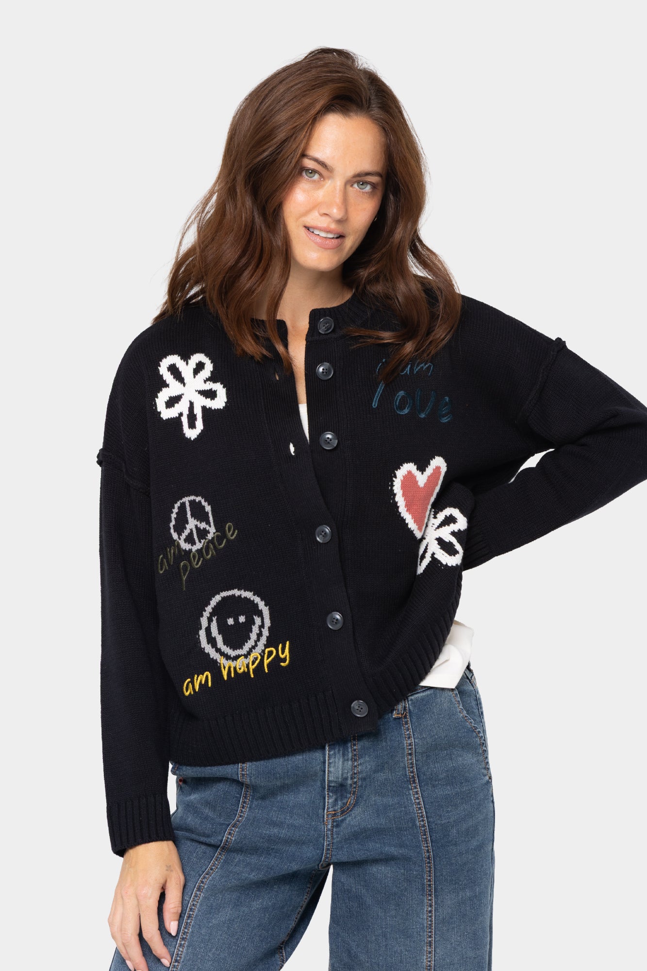 Long Sleeve Crew Neck Motif Cardigan