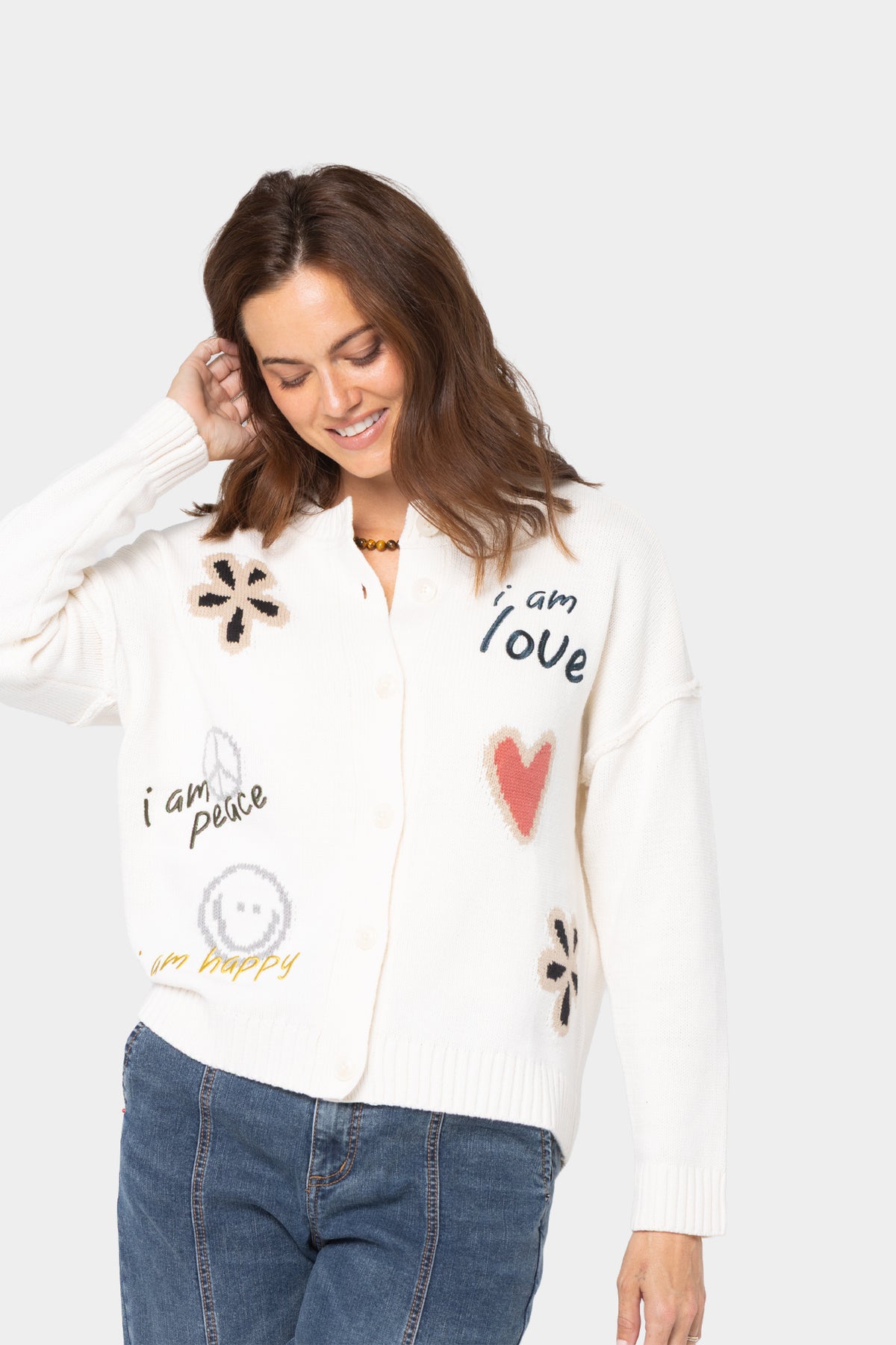 Long Sleeve Crew Neck Motif Cardigan