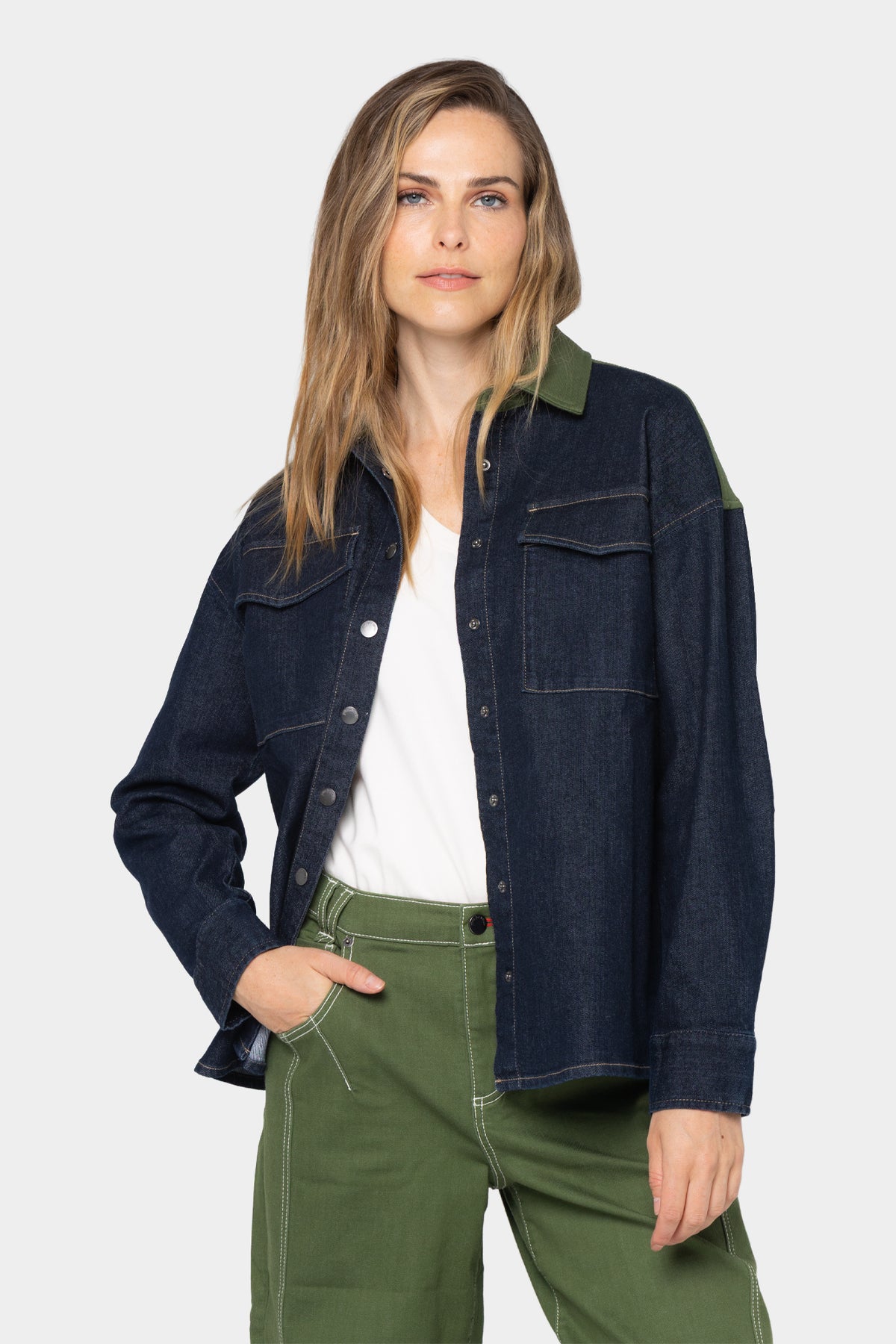 Mixed Media Button Front Shacket