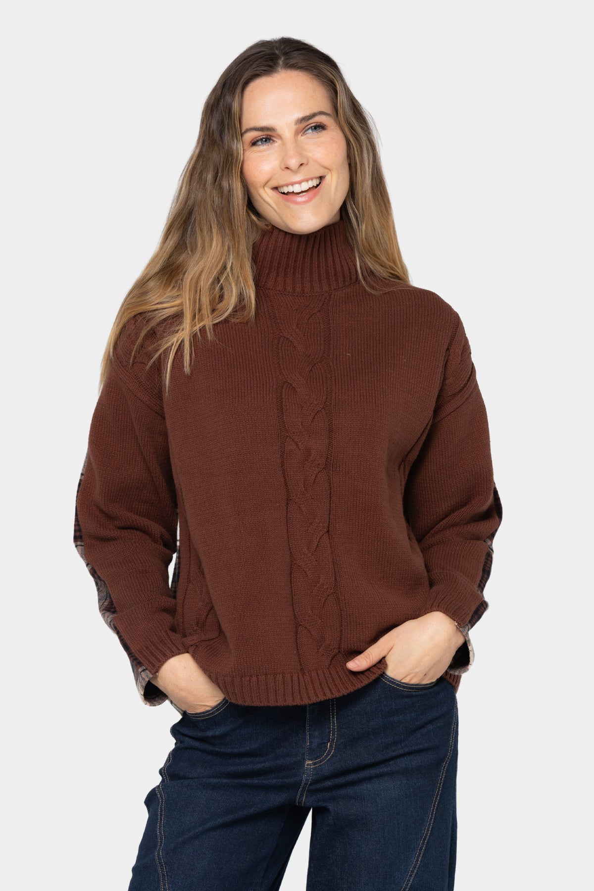 Mixed Media Flannel Cable Knit Sweater
