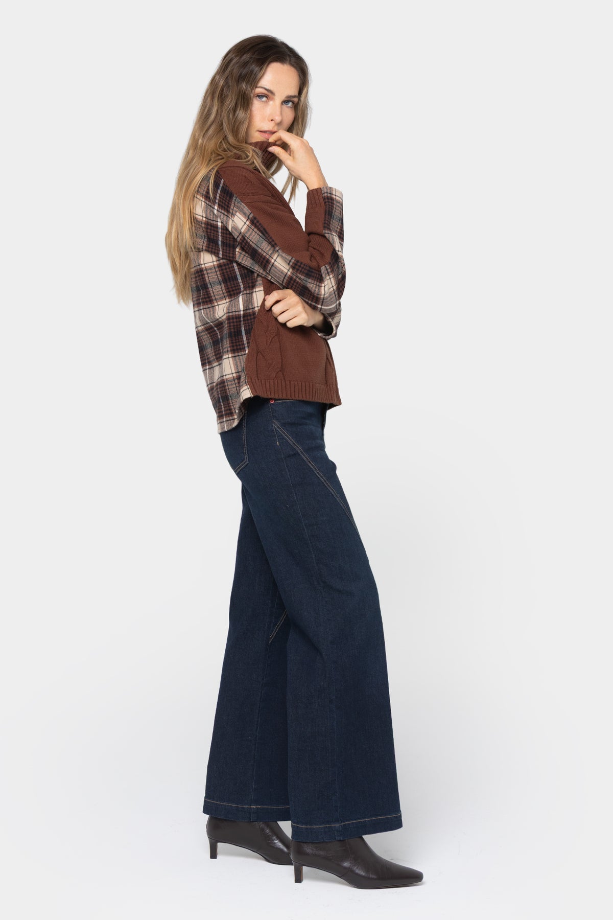 Mixed Media Flannel Cable Knit Sweater
