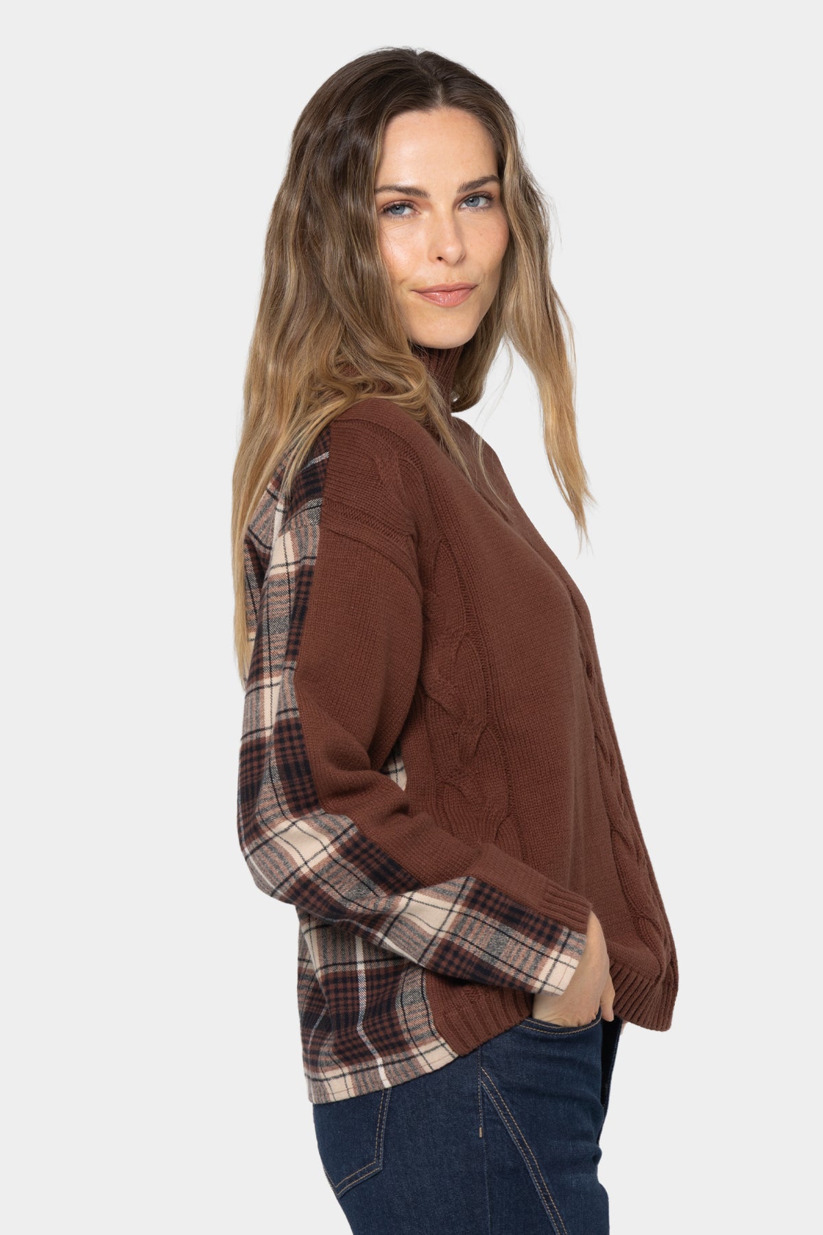 Mixed Media Flannel Cable Knit Sweater