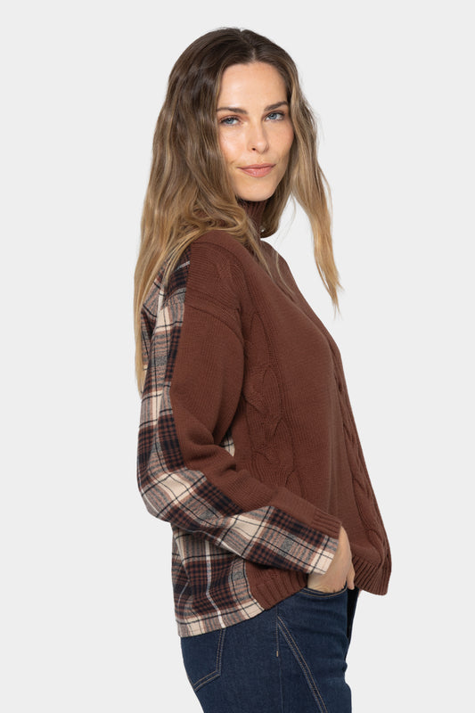 Mixed Media Flannel Cable Knit Sweater