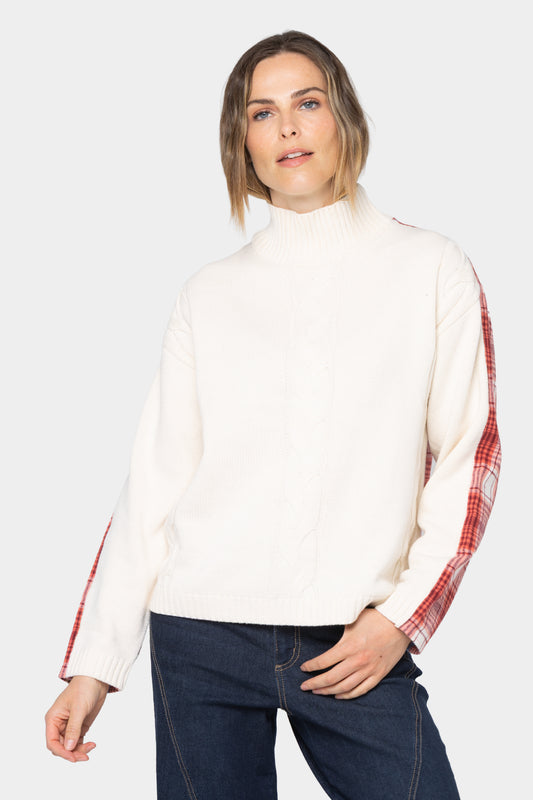 Mixed Media Flannel Cable Knit Sweater