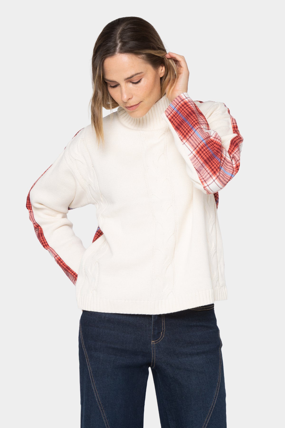 Mixed Media Flannel Cable Knit Sweater