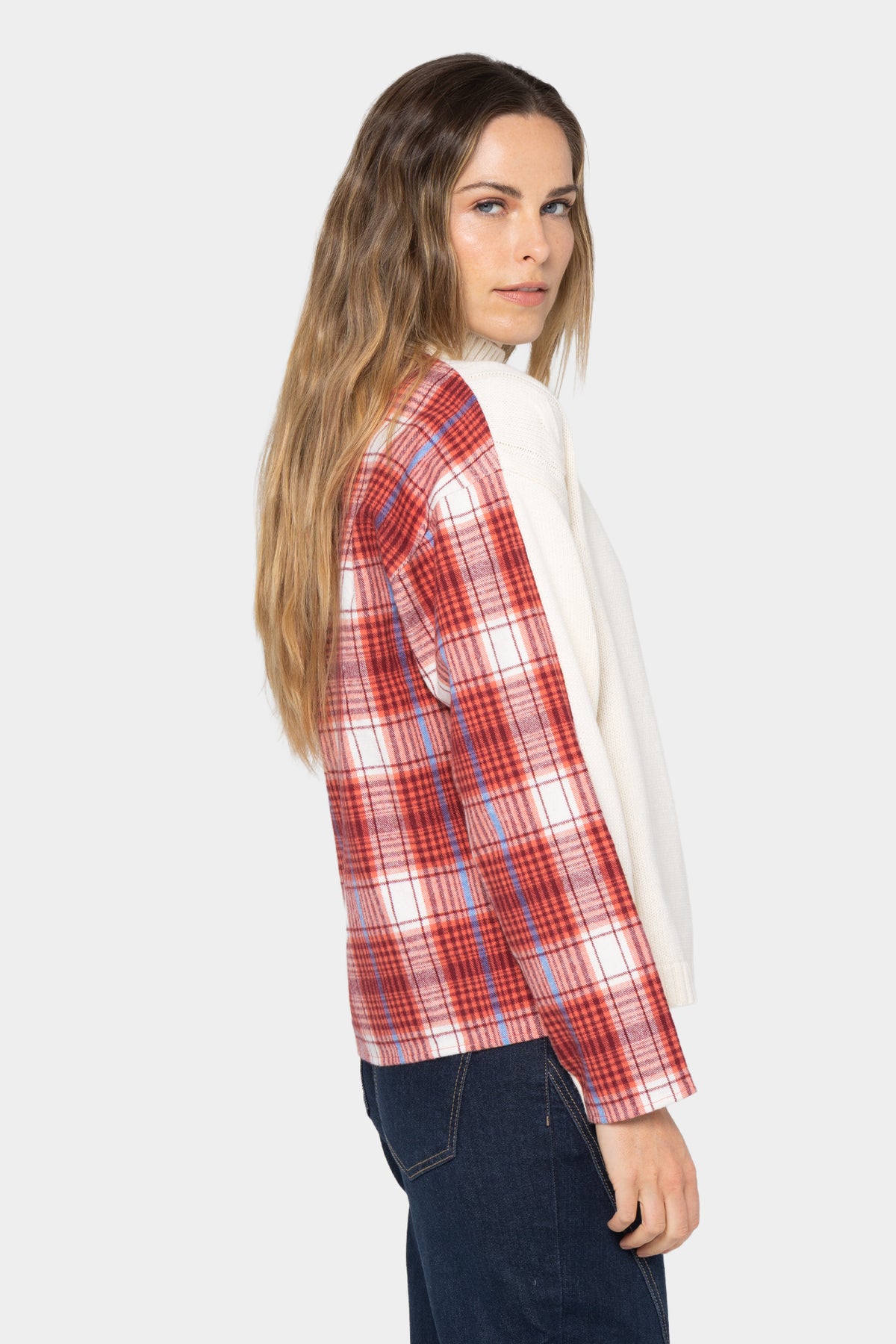 Mixed Media Flannel Cable Knit Sweater