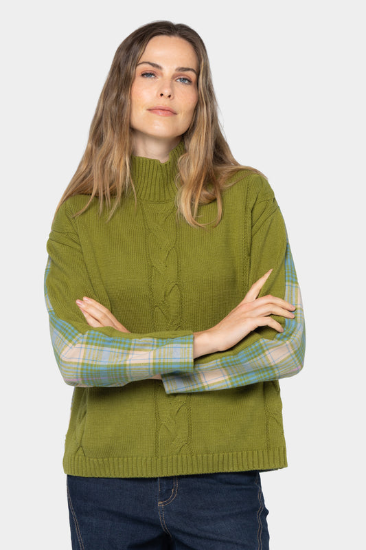 Mixed Media Flannel Cable Knit Sweater