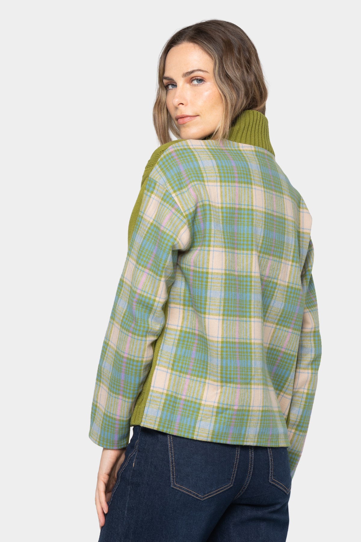 Mixed Media Flannel Cable Knit Sweater