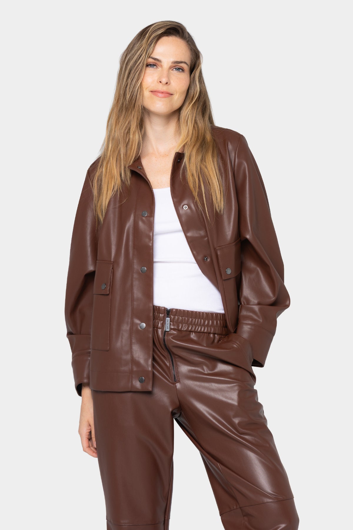 Faux Leather Snap Front Shacket