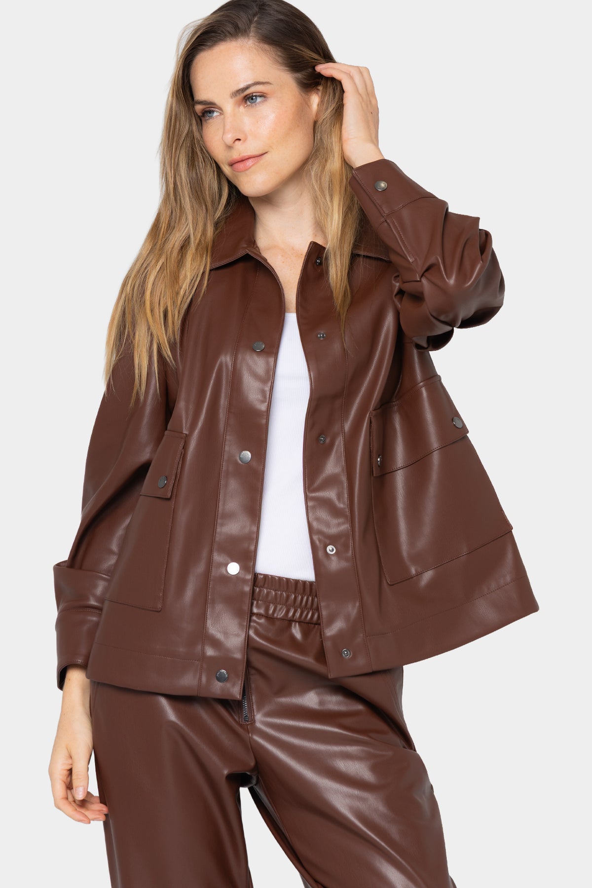 Faux Leather Snap Front Shacket