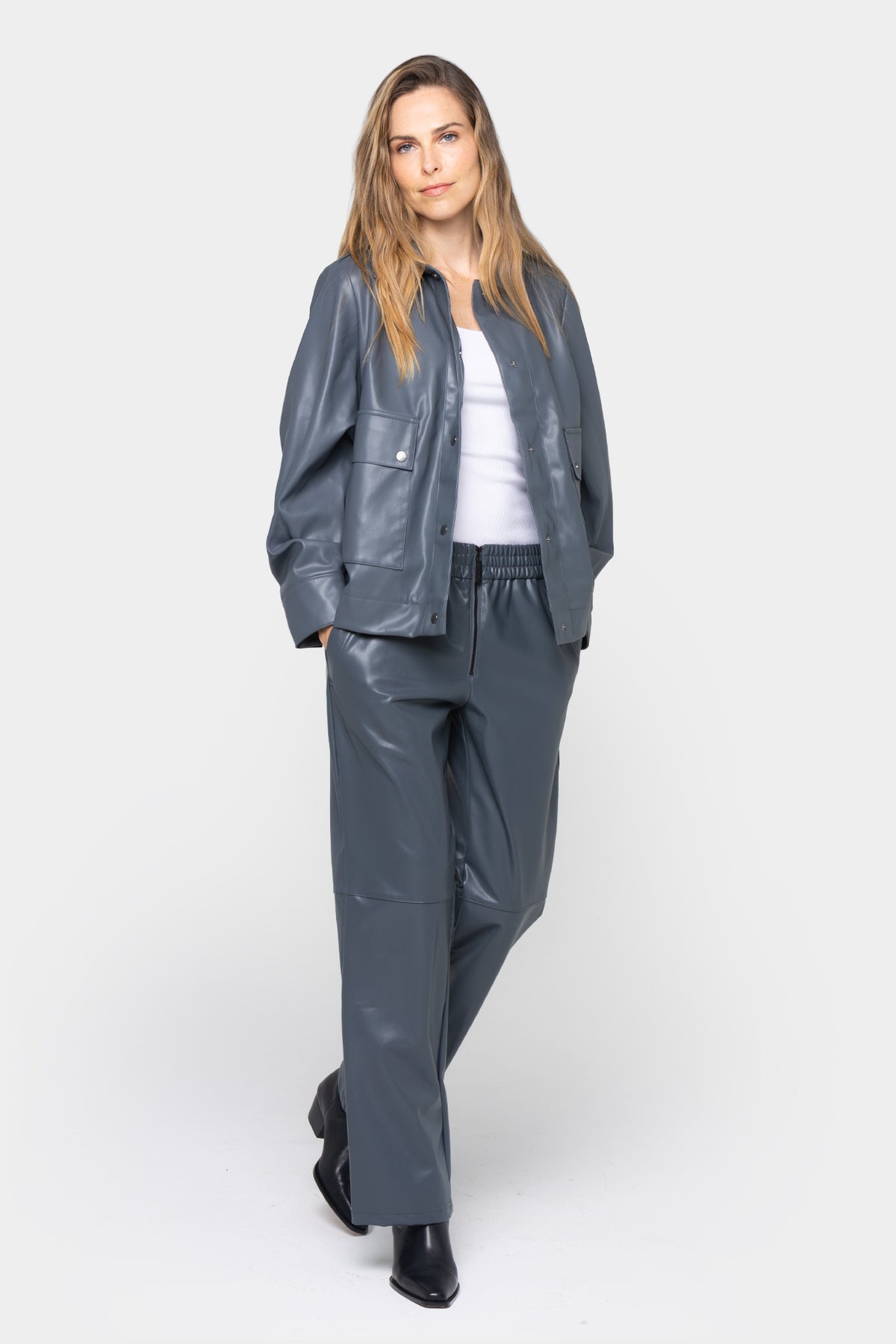 Faux Leather Zip Front Wide Leg Pants