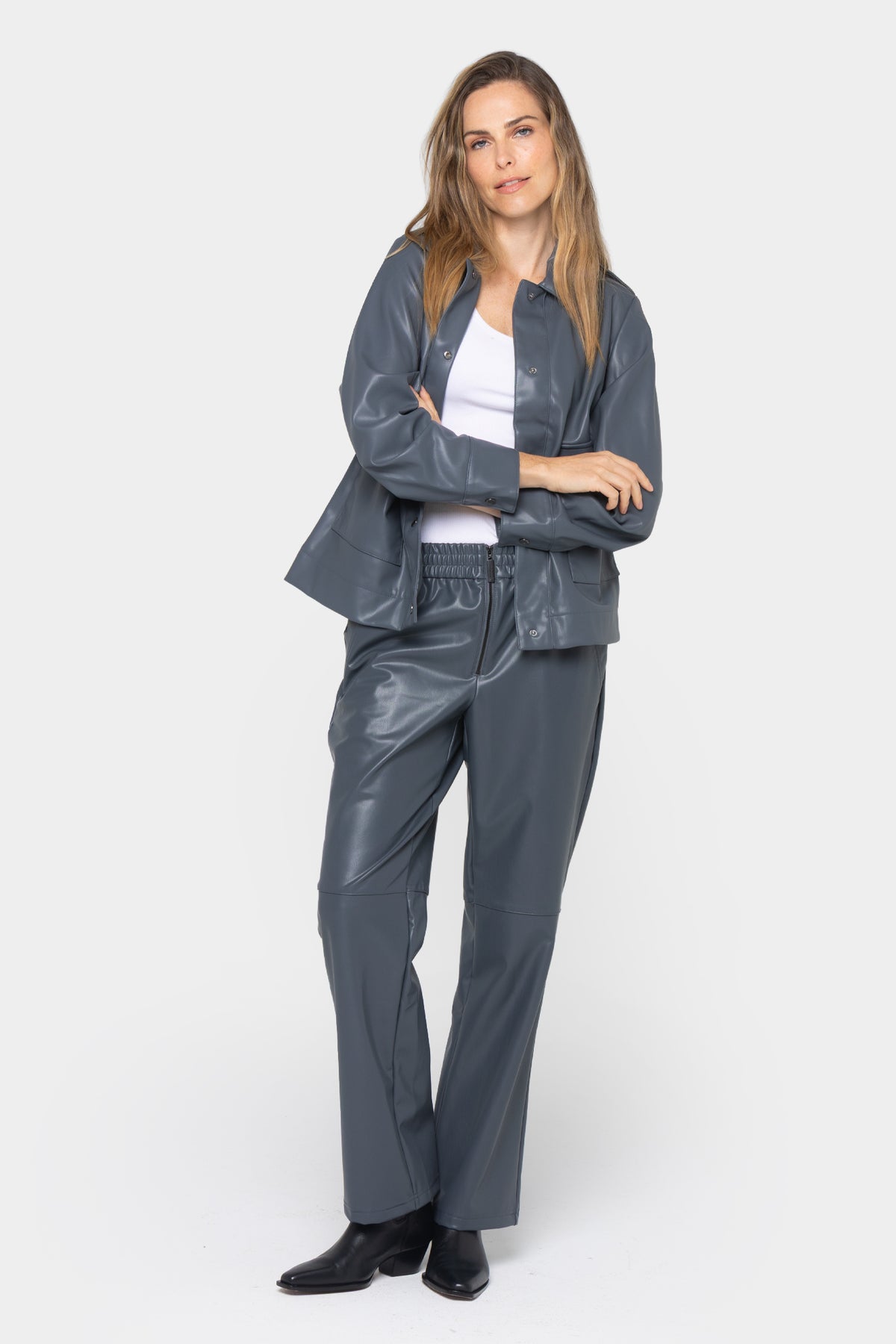 Faux Leather Zip Front Wide Leg Pants