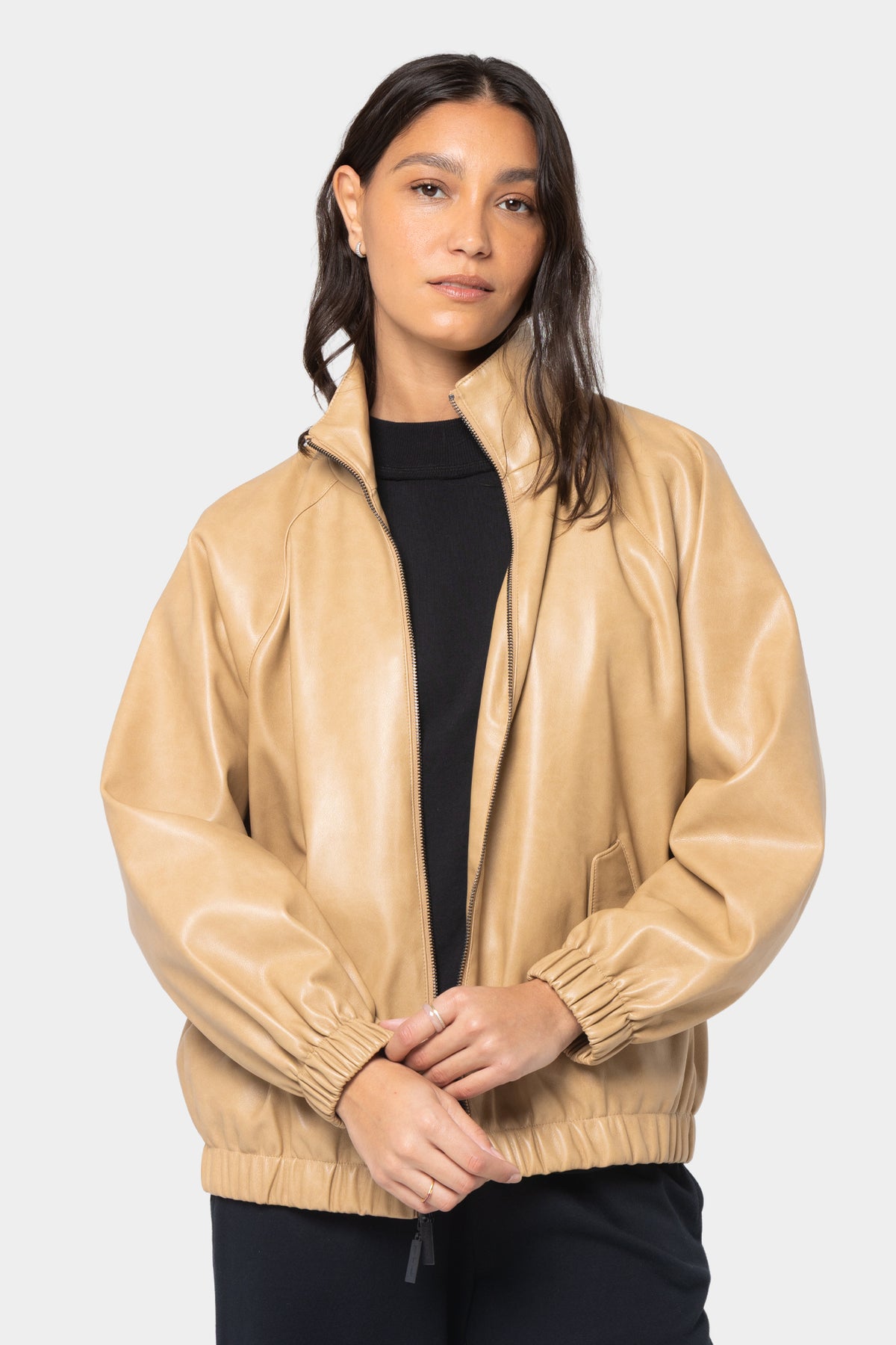 Relaxed Leather Zip Front Jacket