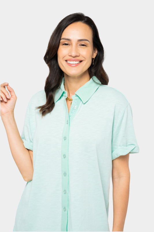 Collared Gauze Button-Front Top