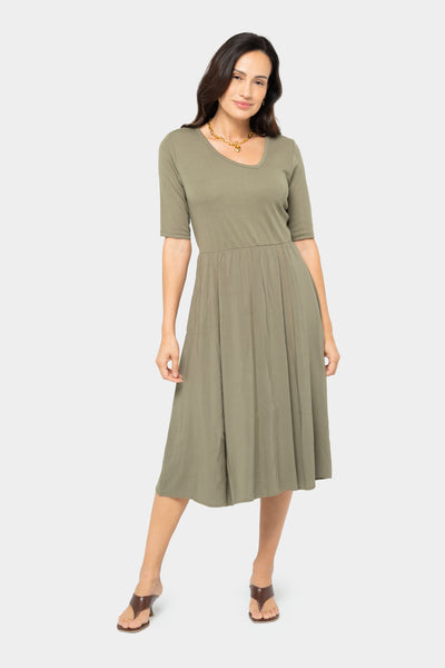 Knit to Woven Asymmetric V-Neck Dress  Peace Love World