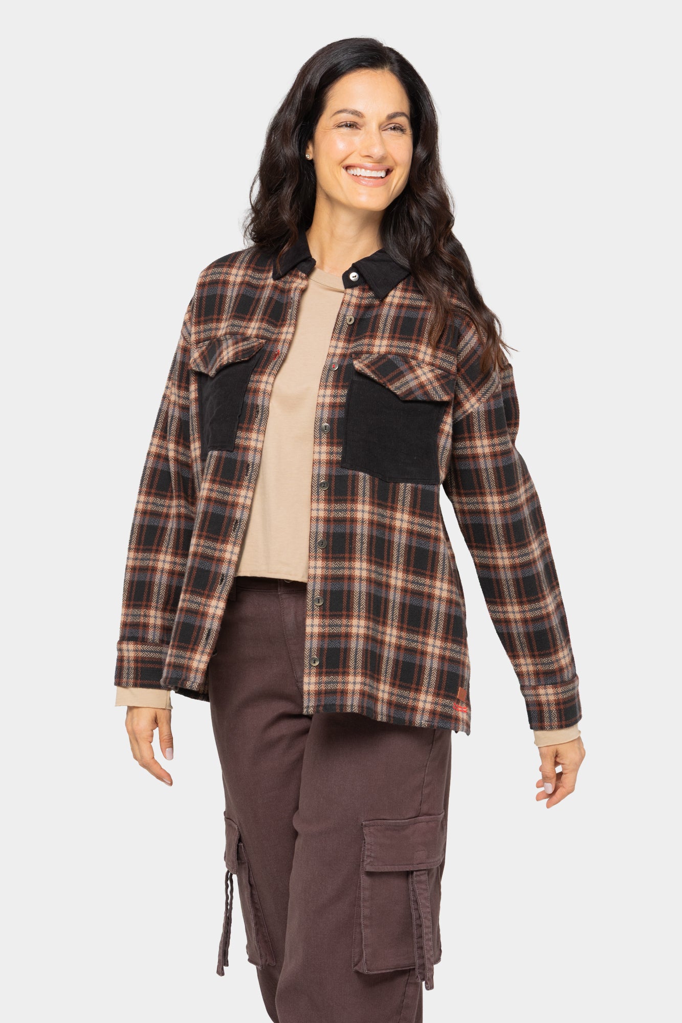 Brushed Flannel Plaid Jacket w/ Corduroy Collar