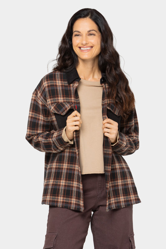 Brushed Flannel Plaid Jacket w/ Corduroy Collar