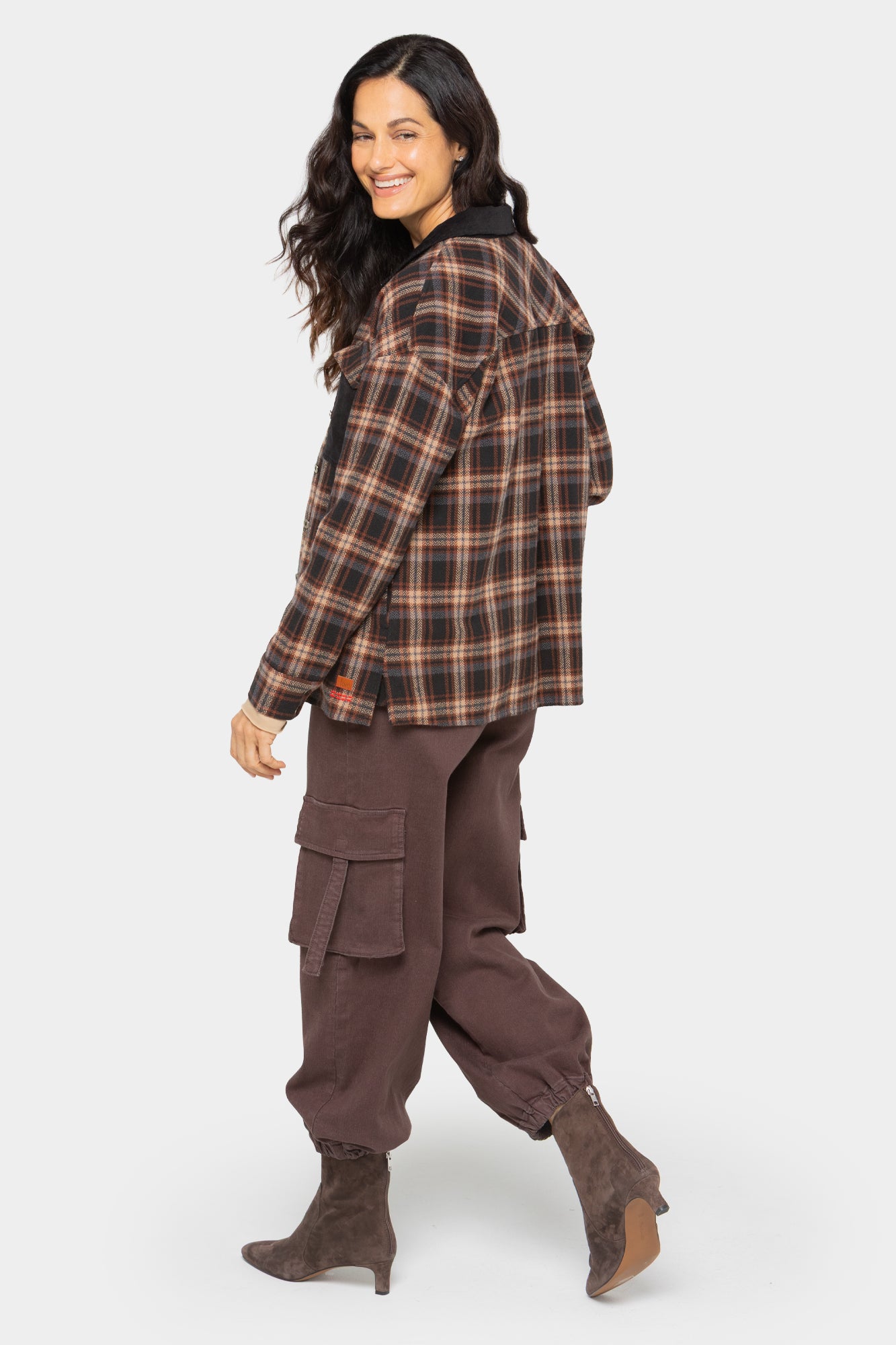 Brushed Flannel Plaid Jacket w/ Corduroy Collar